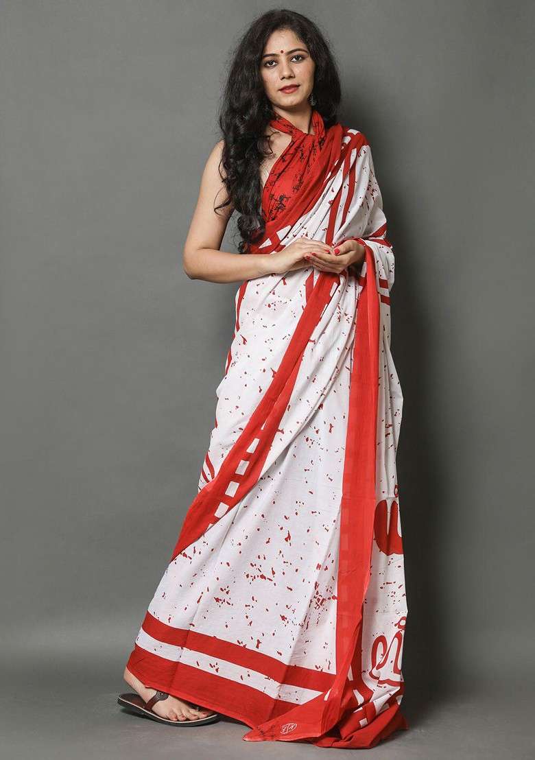 Red Printed Blended Saree Set - Indya