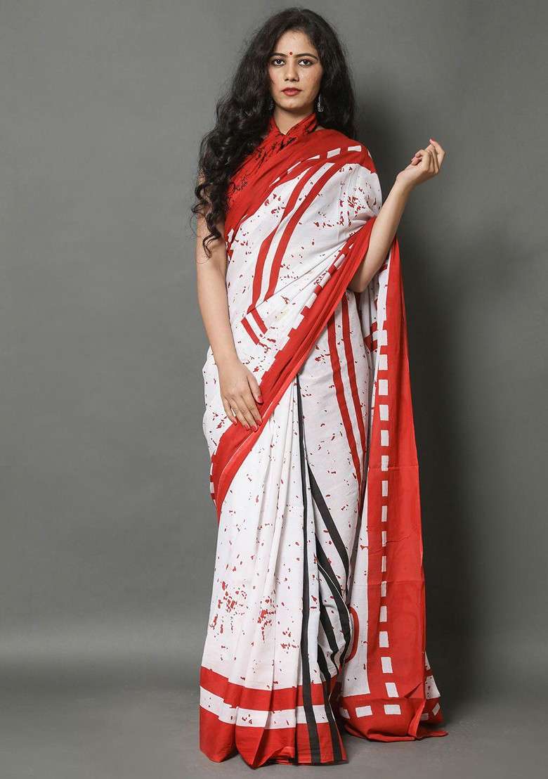 Red Printed Blended Saree Set - Indya