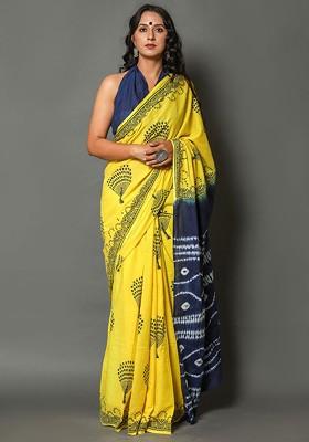 Yellow Printed Blended Saree Set