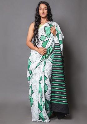 Green Embroidered Blended Saree Set