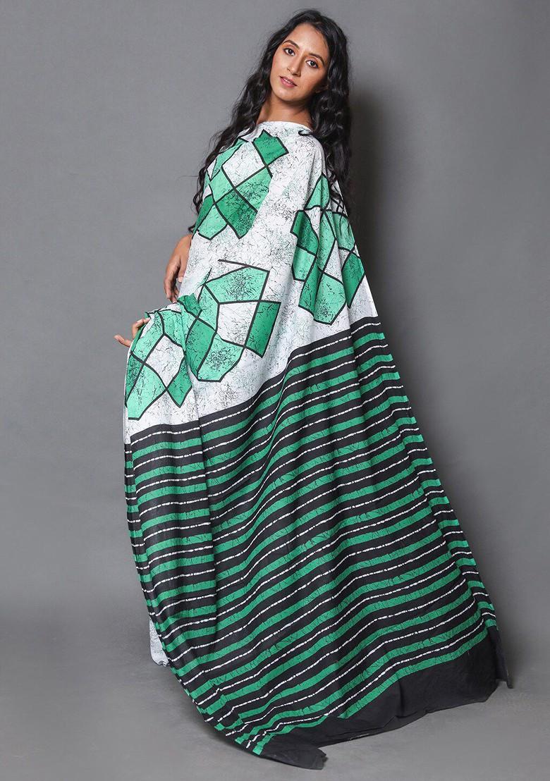 Green Embroidered Blended Saree Set - Indya