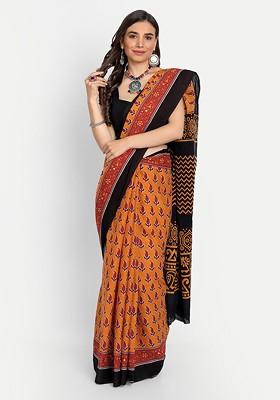 Mustard Embroidered Blended Saree Set