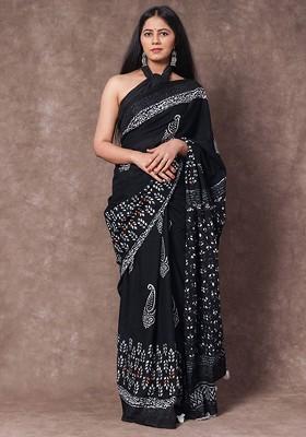 Black Printed Blended Saree Set