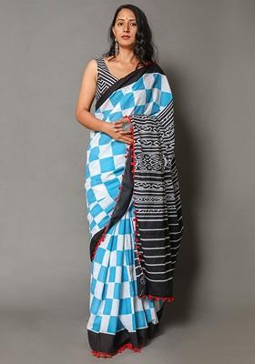 Blue Printed Blended Saree Set