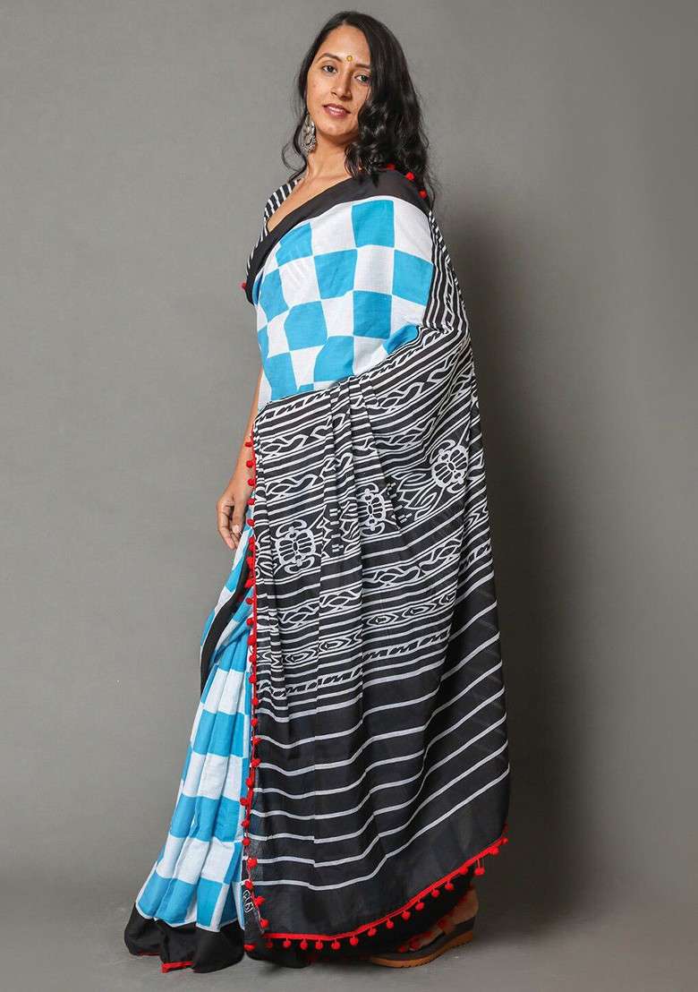 Blue Printed Blended Saree Set - Indya