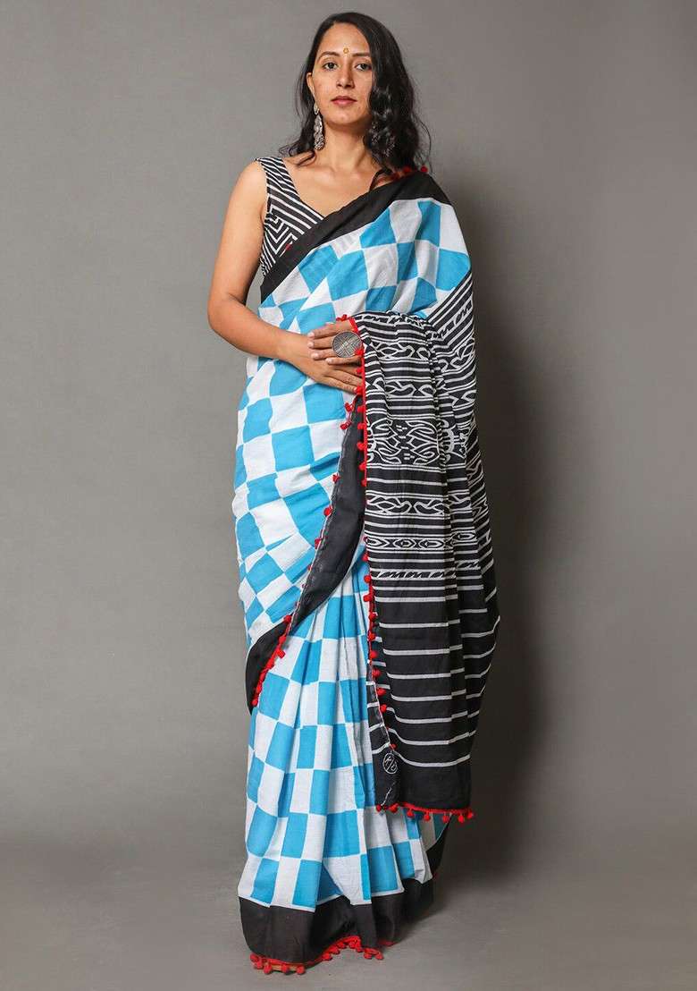 Blue Printed Blended Saree Set - Indya