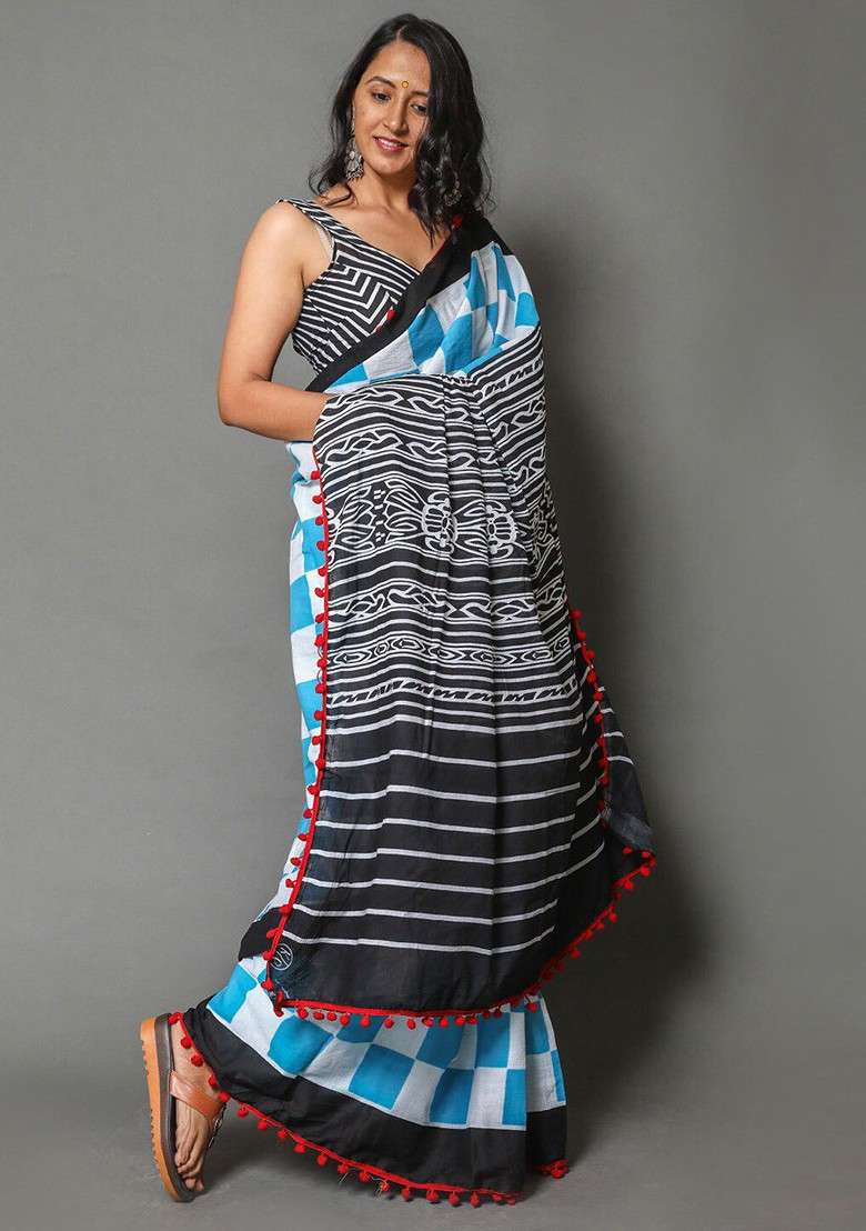 Blue Printed Blended Saree Set - Indya