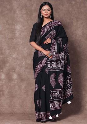 Black Printed Blended Saree Set