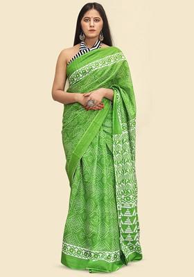 Green Printed Blended Saree Set