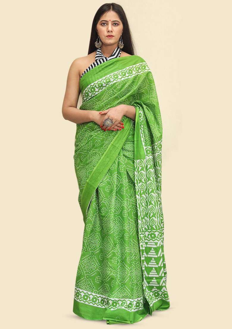 Green Printed Blended Saree Set - Indya
