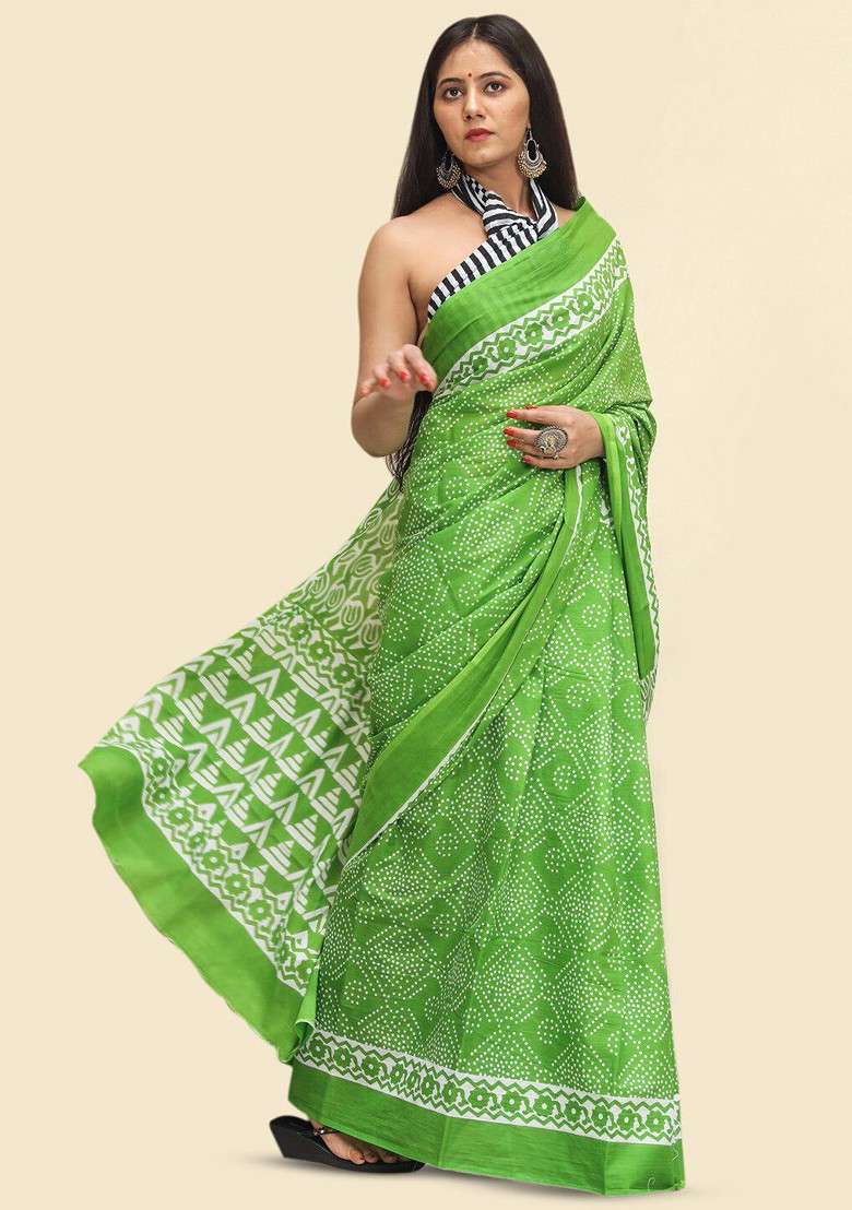 Green Printed Blended Saree Set - Indya