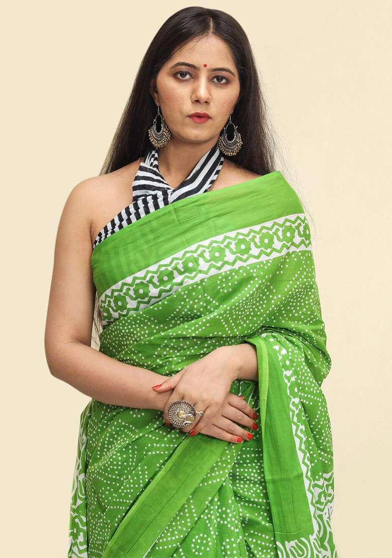 Green Printed Blended Saree Set - Indya