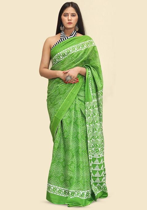 Green Printed Blended Saree Set
