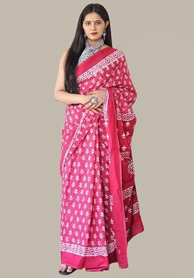 Pink Printed Blended Saree Set
