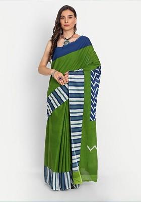 Green Embroidered Blended Saree Set