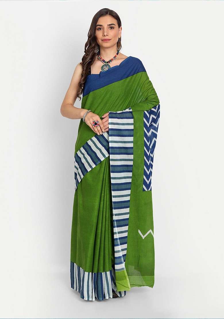 Green Embroidered Blended Saree Set - Indya