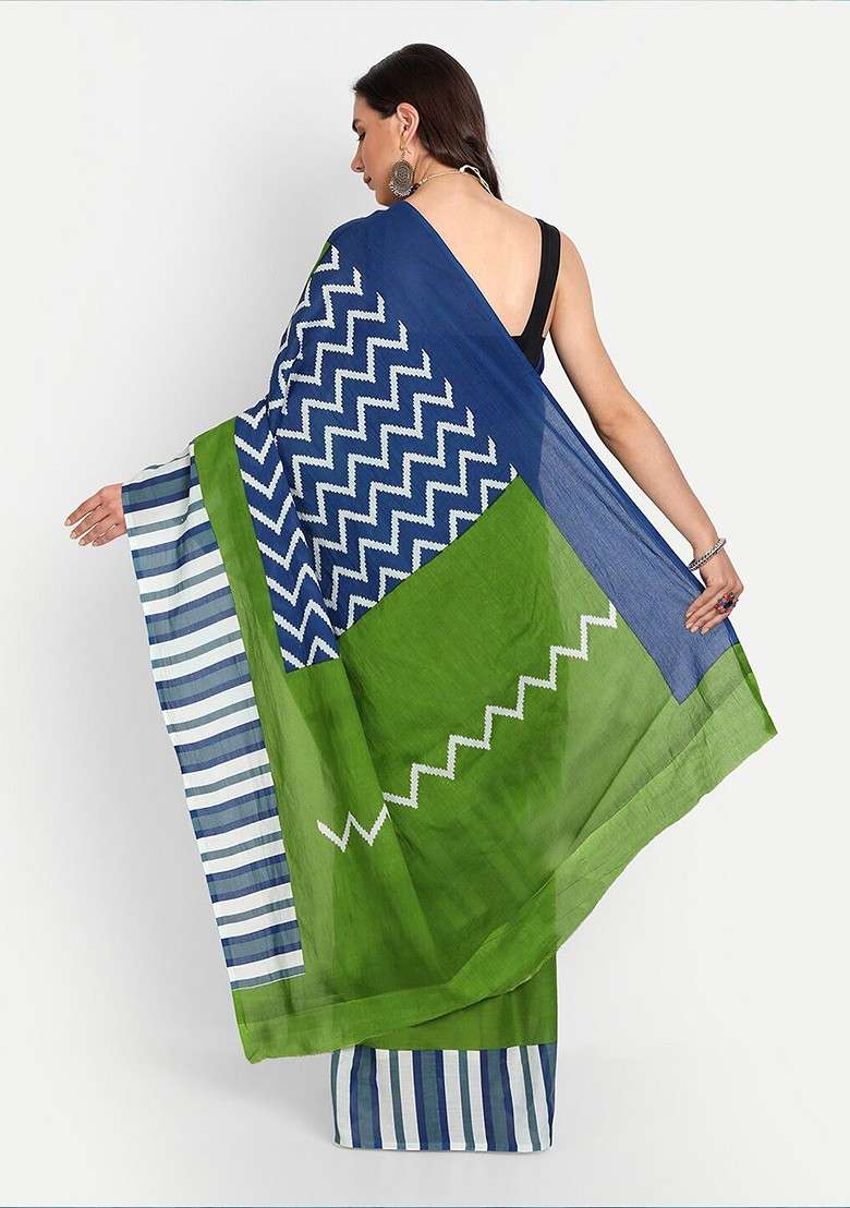 Green Embroidered Blended Saree Set - Indya