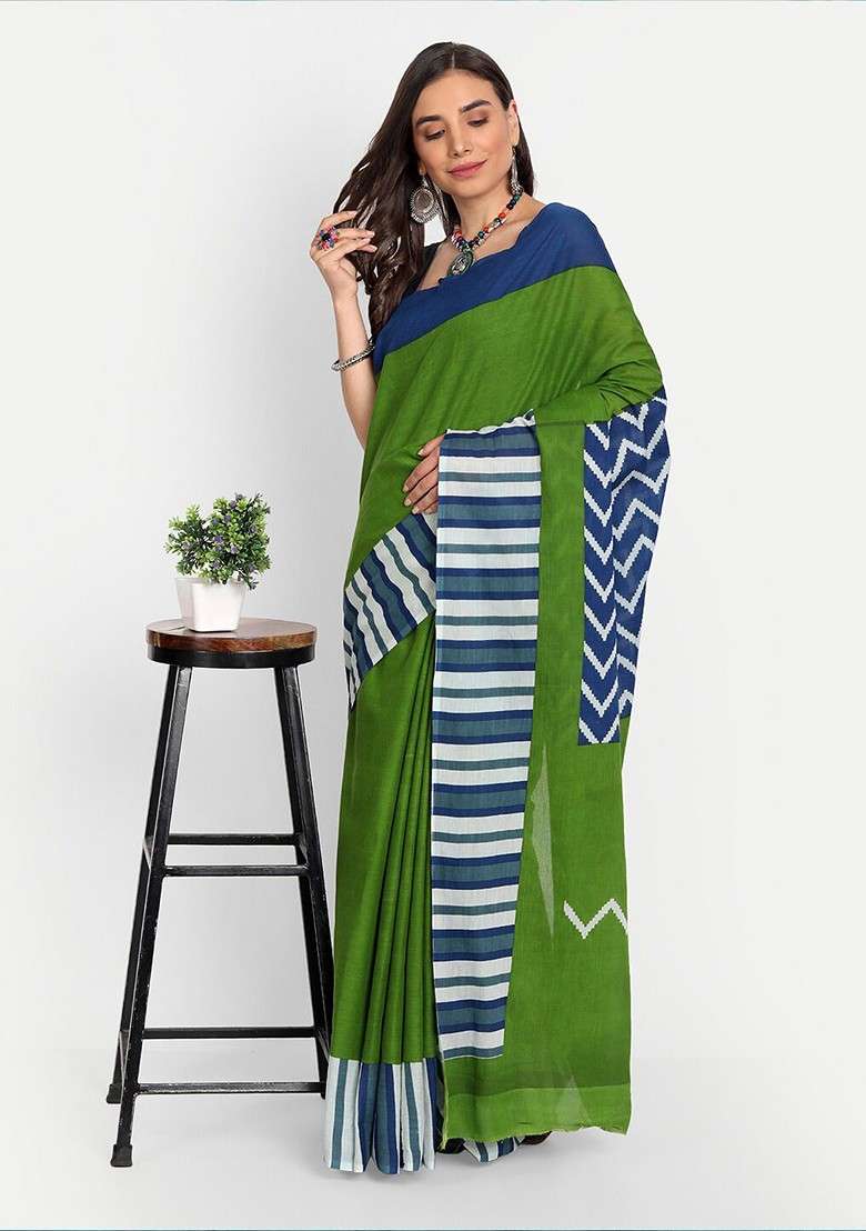 Green Embroidered Blended Saree Set - Indya