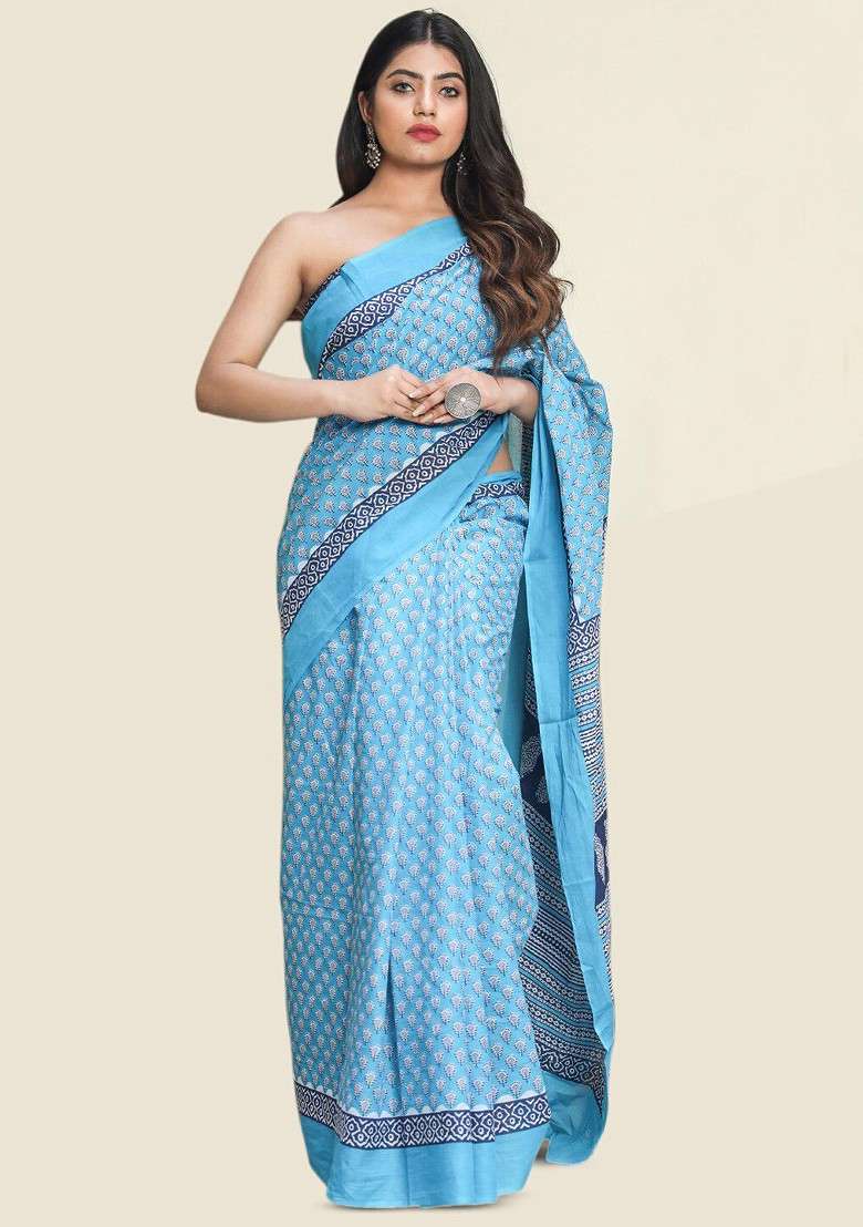 Blue Printed Blended Saree Set - Indya