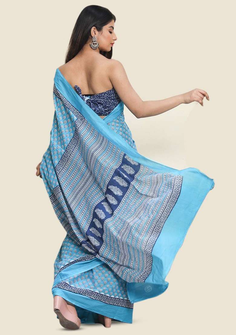 Blue Printed Blended Saree Set - Indya