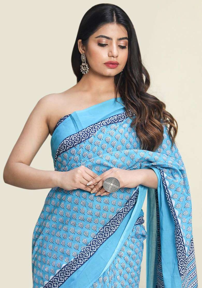 Blue Printed Blended Saree Set - Indya