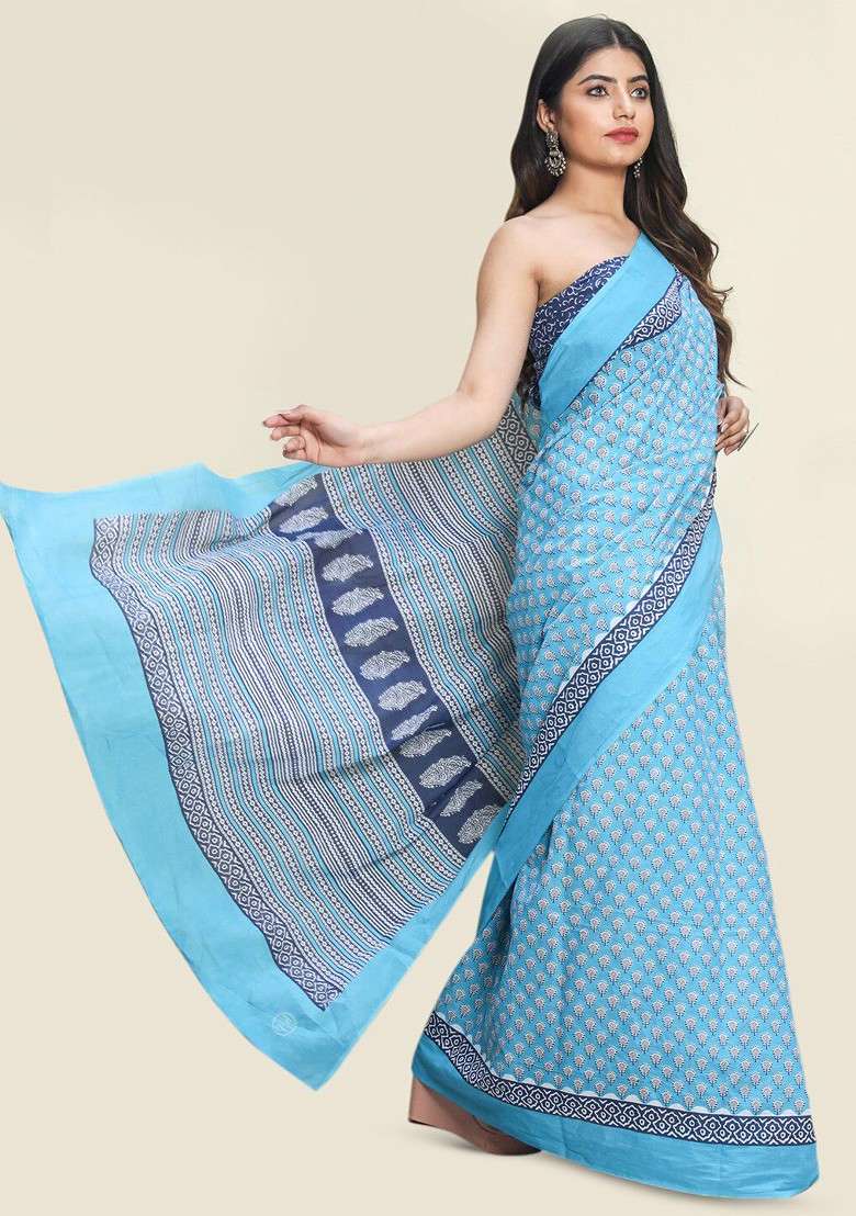 Blue Printed Blended Saree Set - Indya