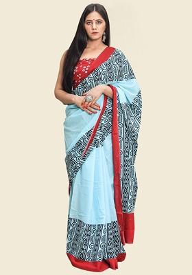 Blue Printed Blended Saree Set