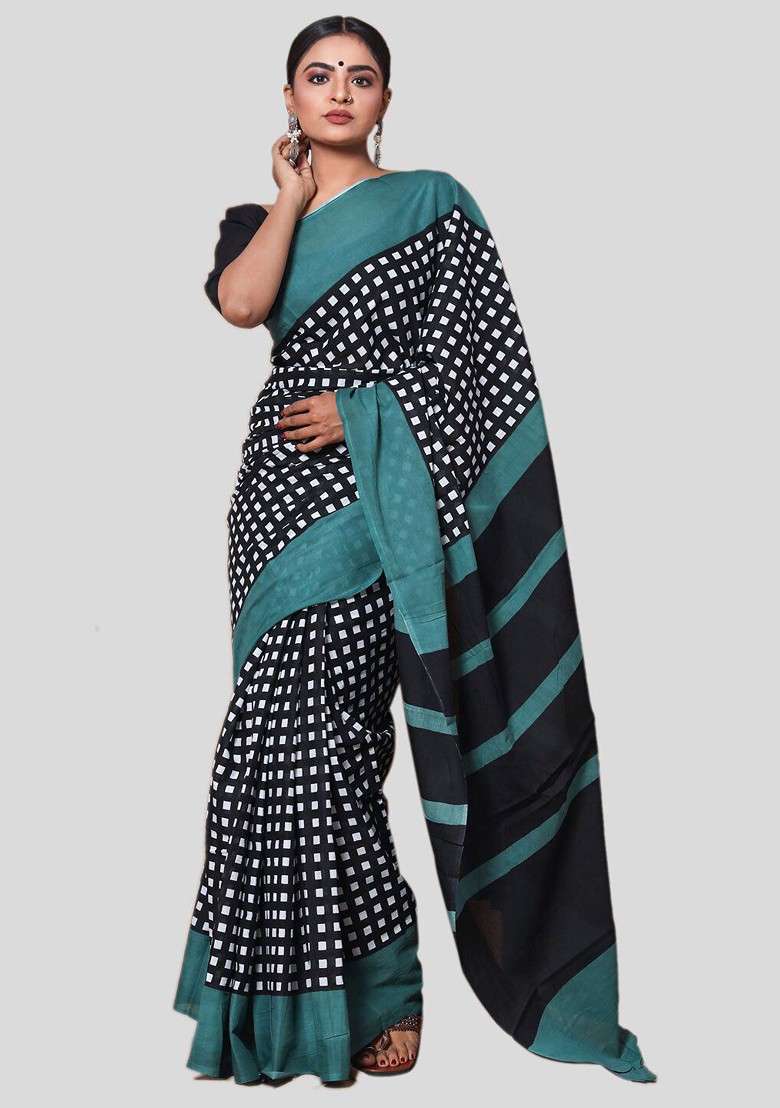 Black Printed Blended Saree Set - Indya