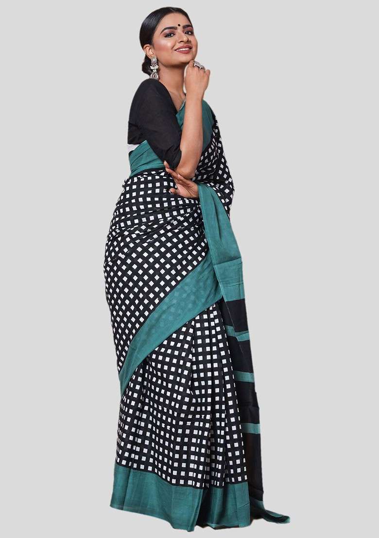 Black Printed Blended Saree Set - Indya