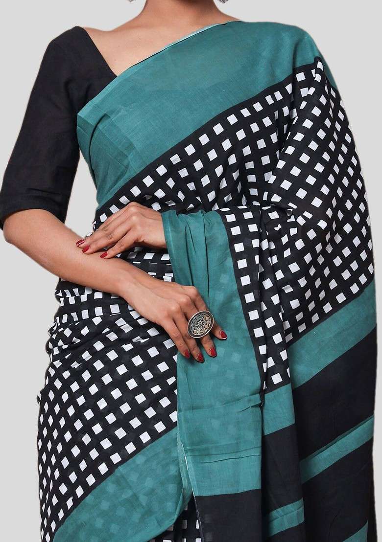 Black Printed Blended Saree Set - Indya