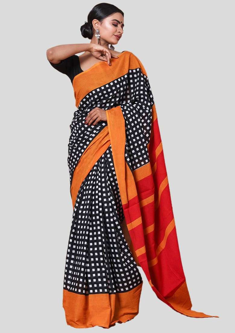 Black Printed Blended Saree Set - Indya