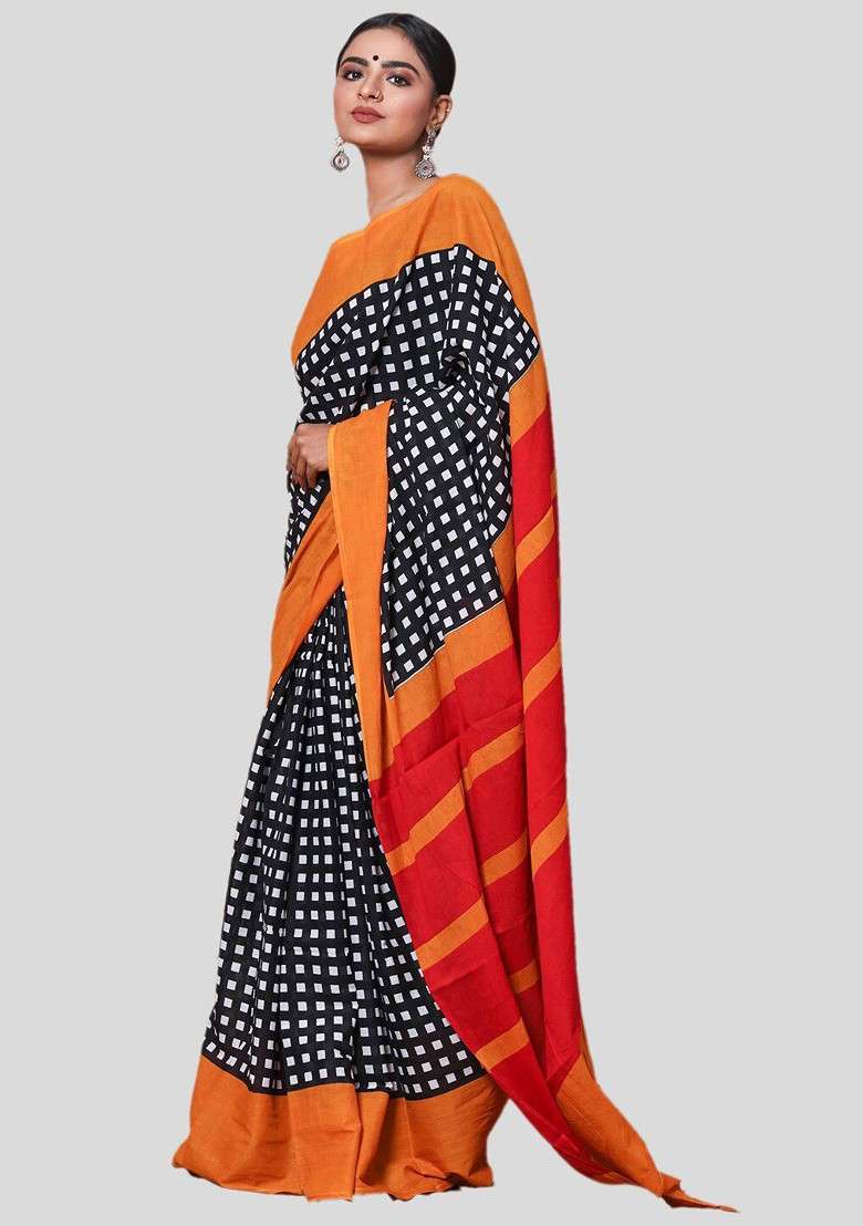 Black Printed Blended Saree Set - Indya
