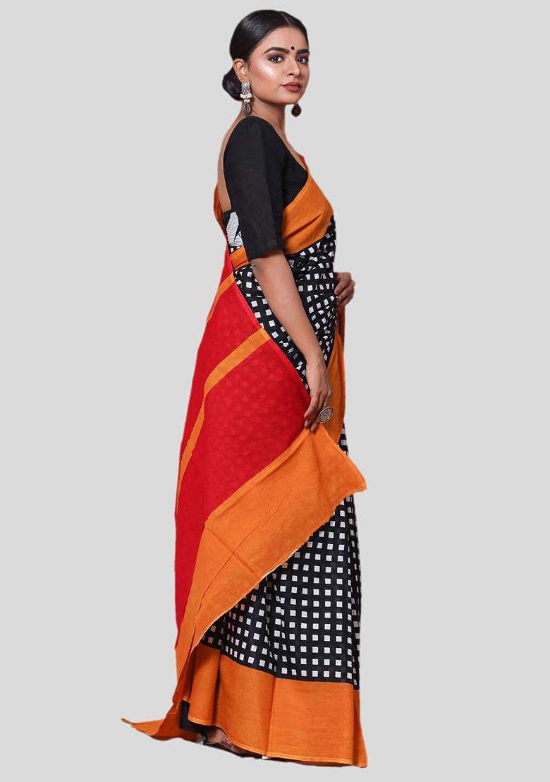 Black Printed Blended Saree Set - Indya