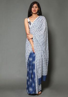 Navy Blue Printed Blended Saree Set