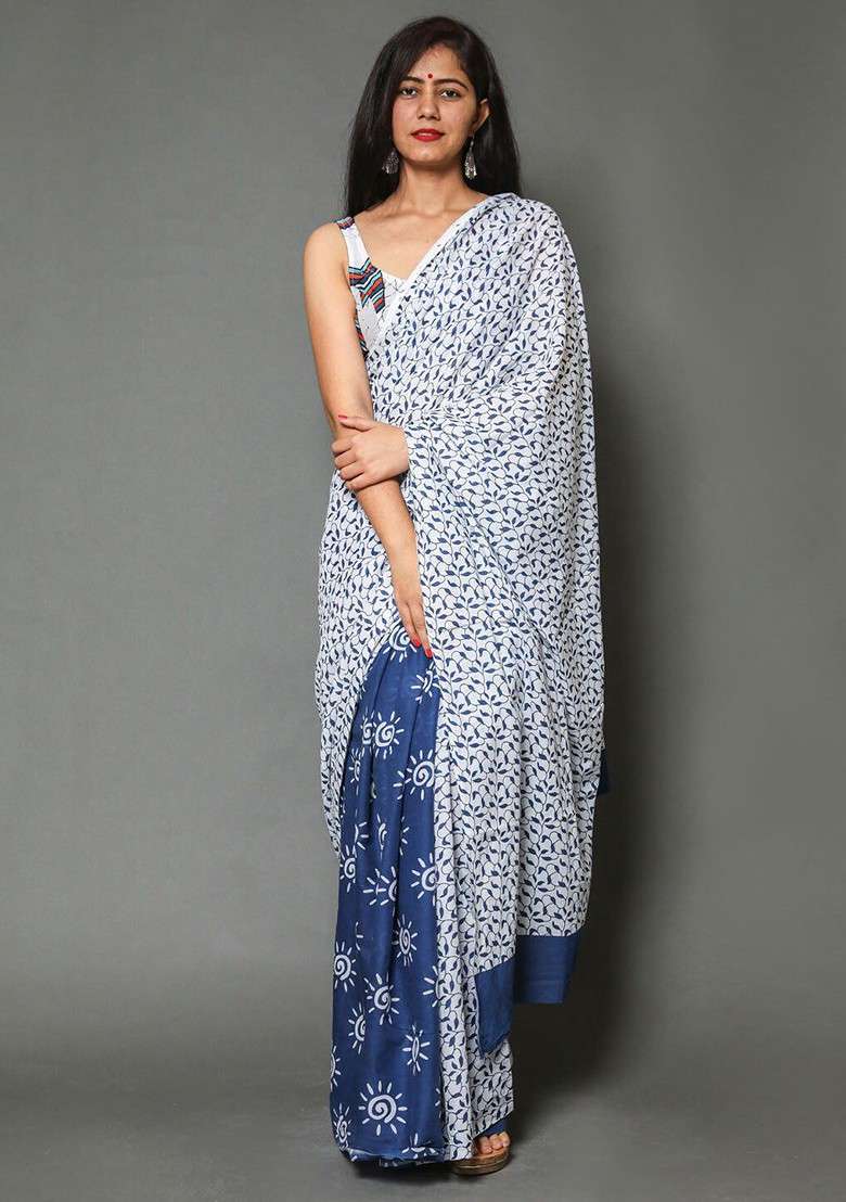 Navy Blue Printed Blended Saree Set - Indya