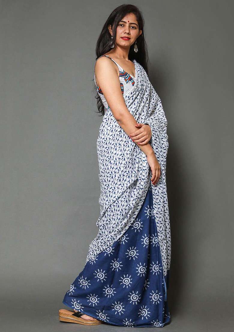 Navy Blue Printed Blended Saree Set - Indya