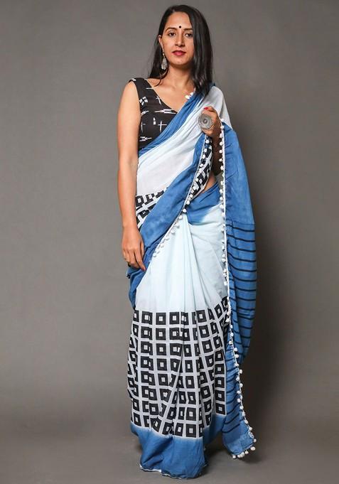 White Printed Blended Saree Set