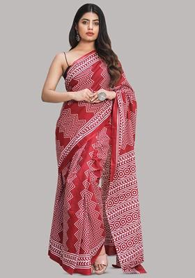 Maroon Printed Blended Saree Set
