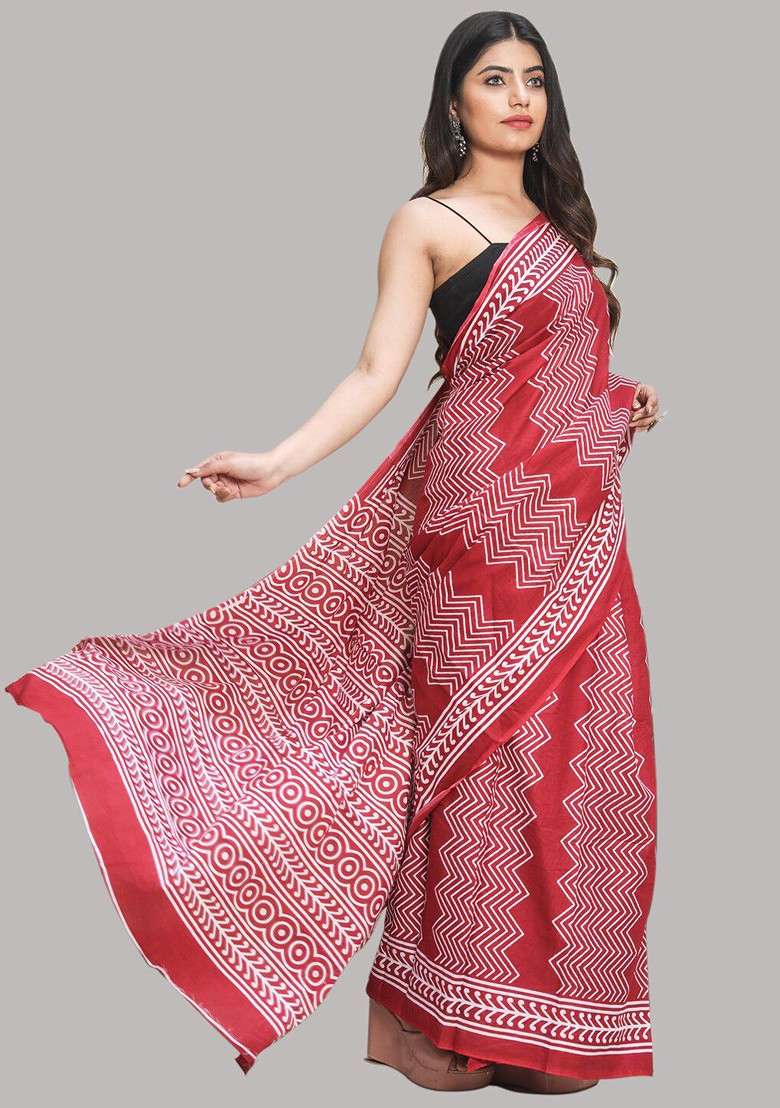 Maroon Printed Blended Saree Set - Indya