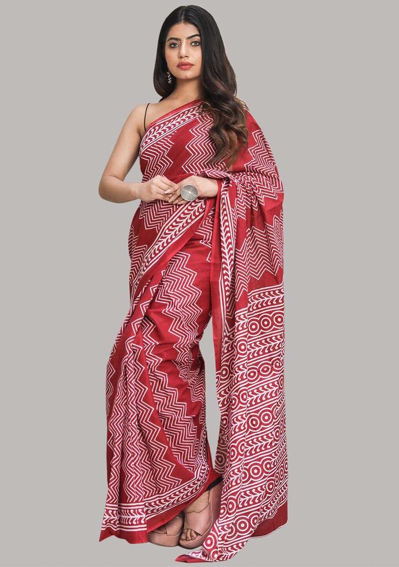 Maroon Printed Blended Saree Set - Indya
