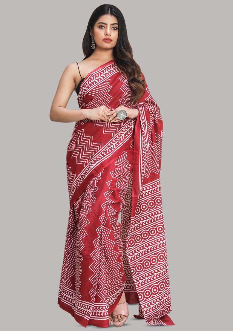 Maroon Printed Blended Saree Set - Indya