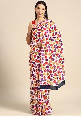 White Printed Blended Saree Set
