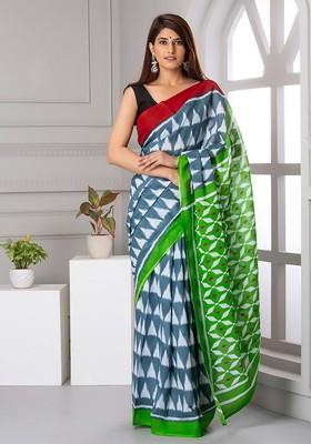 Green Printed Blended Saree Set