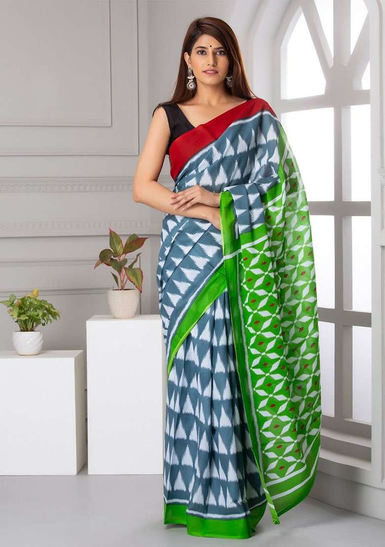 Green Printed Blended Saree Set - Indya