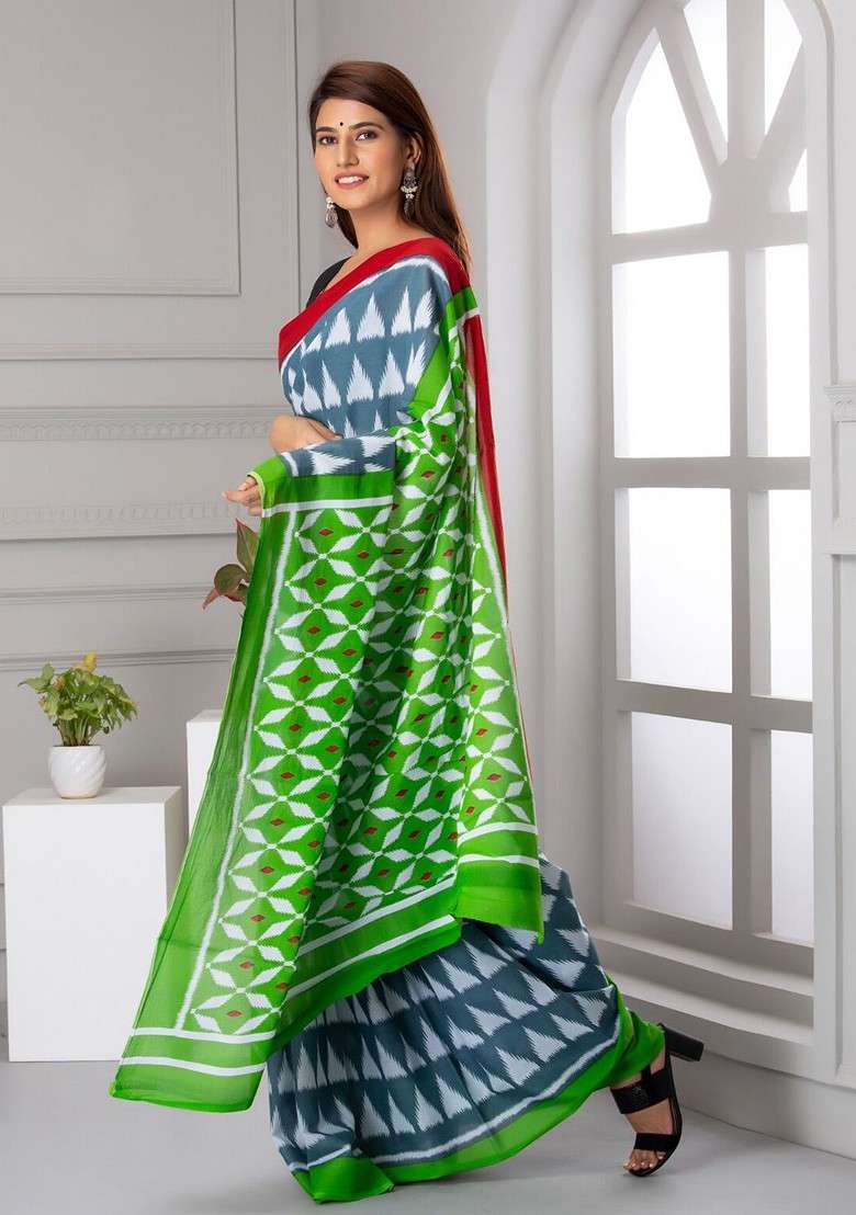 Green Printed Blended Saree Set - Indya