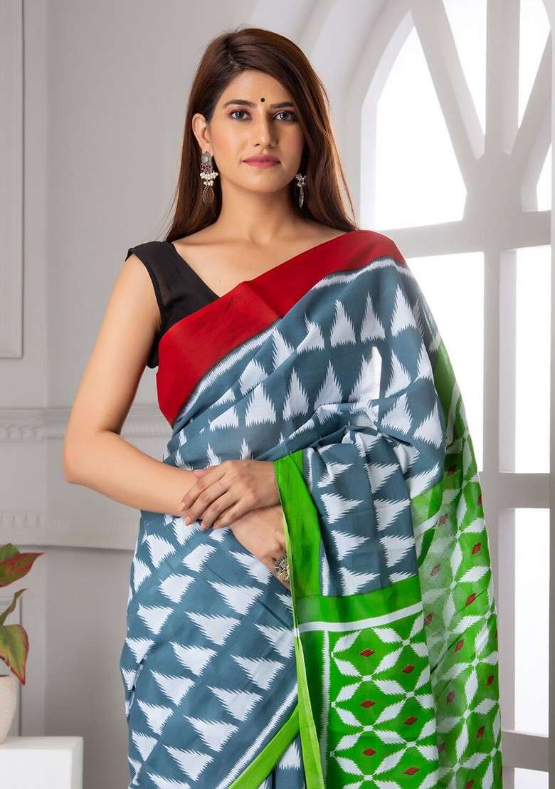 Green Printed Blended Saree Set - Indya