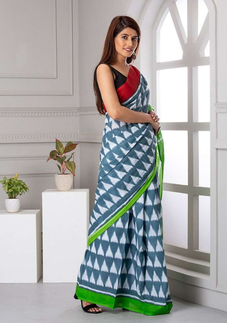 Green Printed Blended Saree Set - Indya