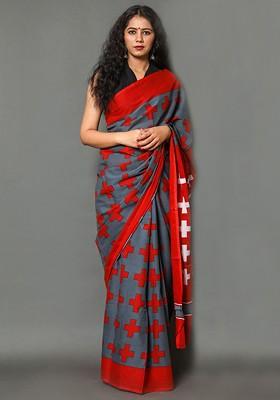 Grey Printed Blended Saree Set