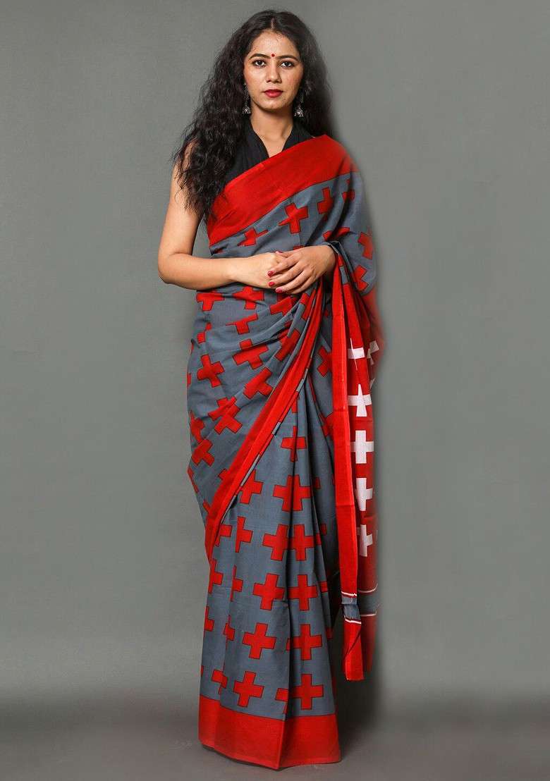 Grey Printed Blended Saree Set - Indya