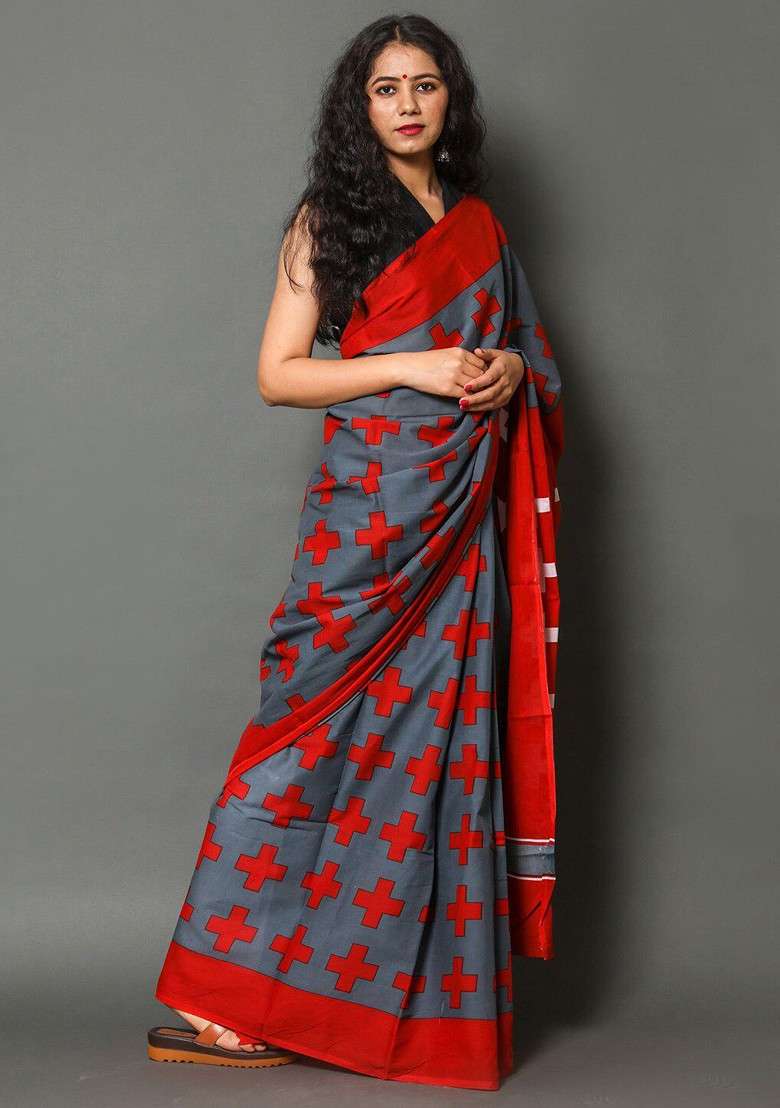 Grey Printed Blended Saree Set - Indya